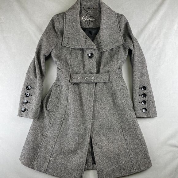 Guess Coat Womens M Gray Herringbone Wool Blend Belted Double Breasted Trench - Picture 1 of 12